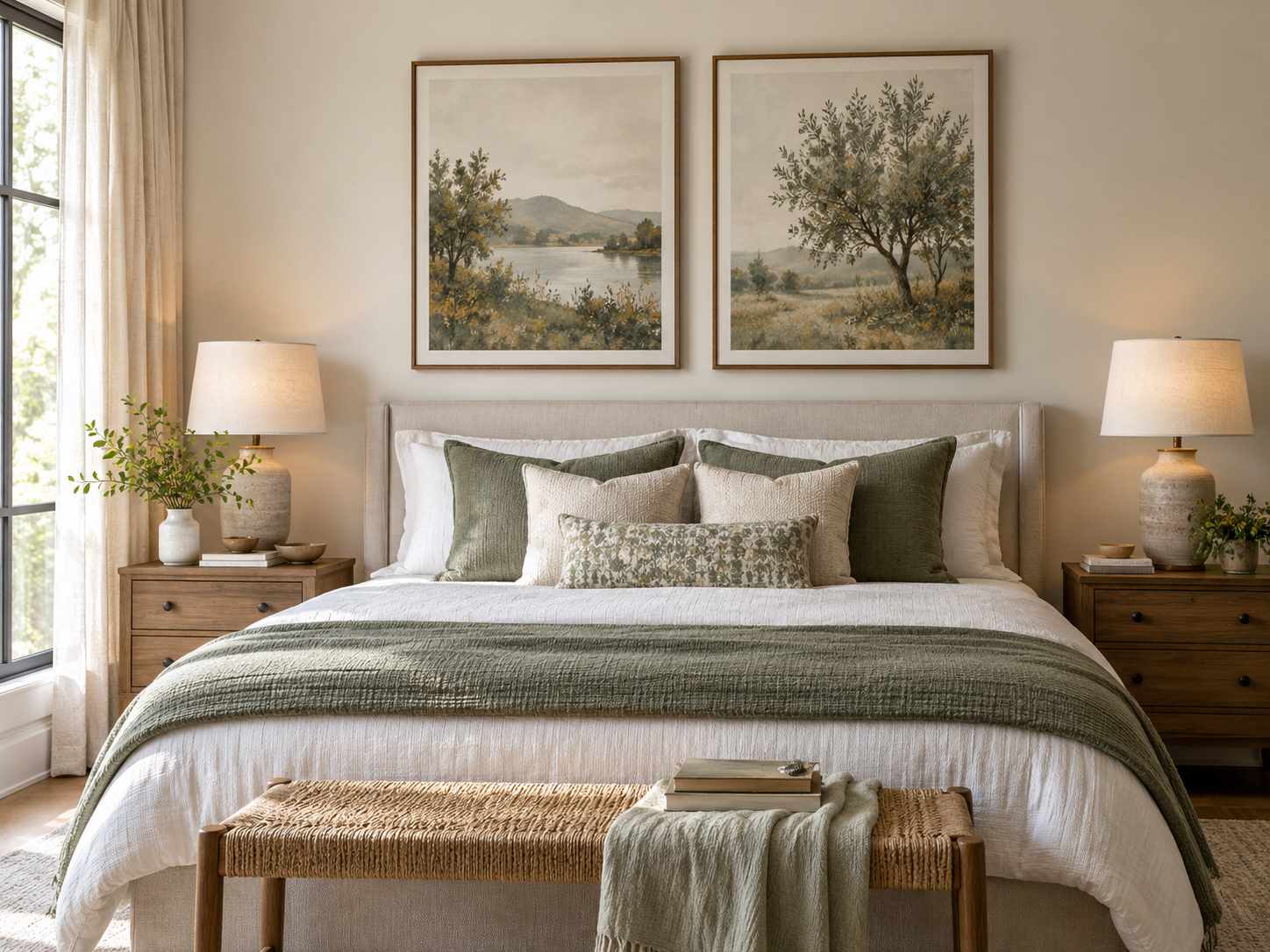 Pair of coordinated prints above a bed