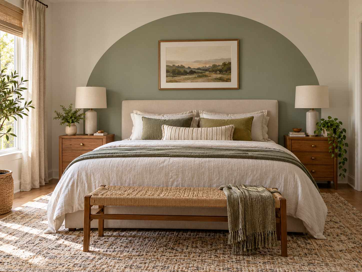 Painted arch framing a bedroom headboard