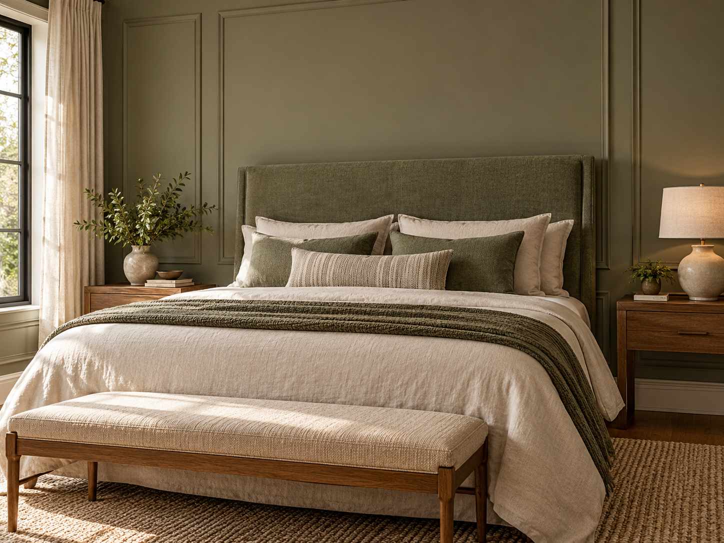 Tonal wall and headboard in a calm bedroom