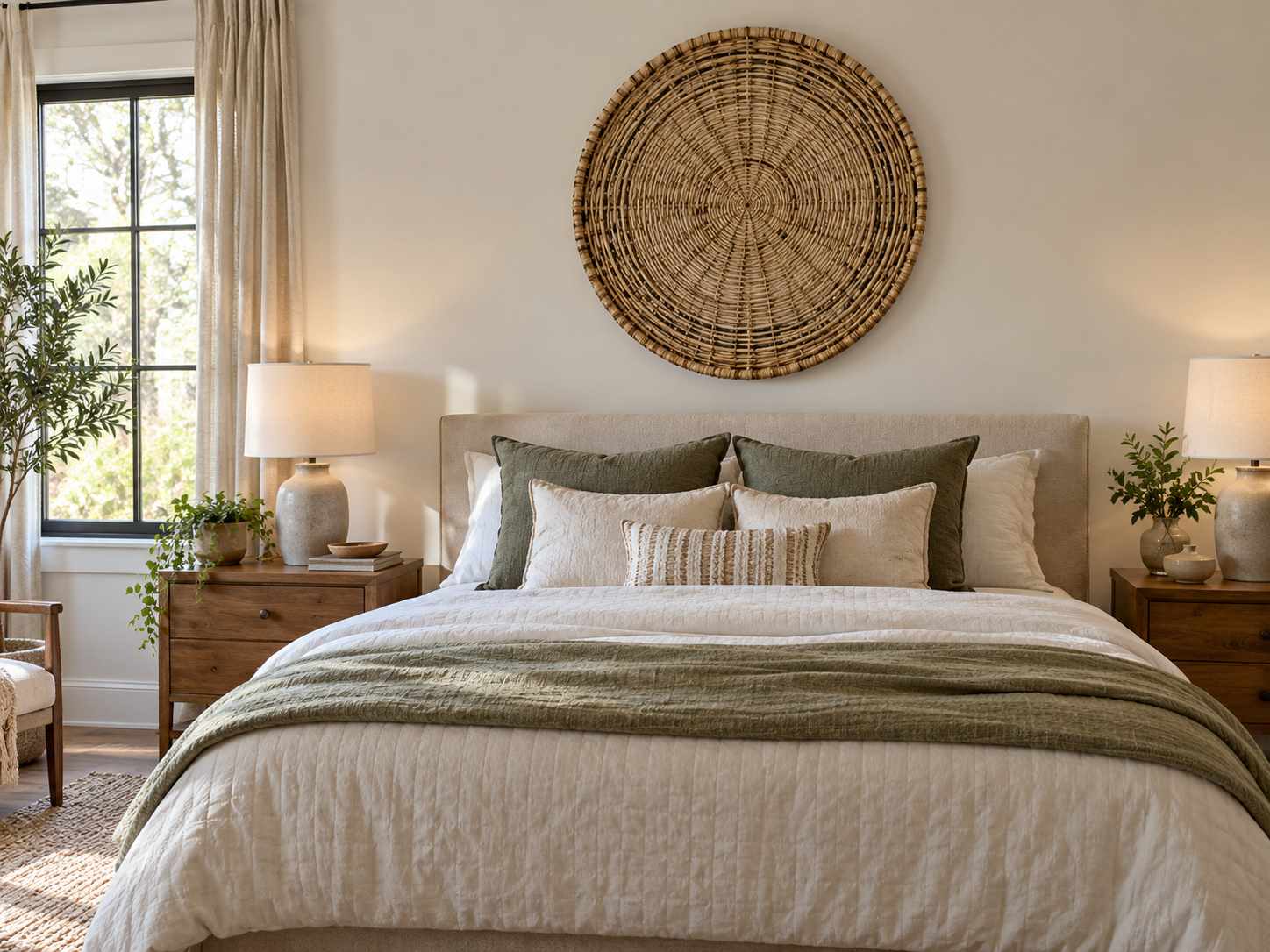 Single lightweight woven wall piece above a bed