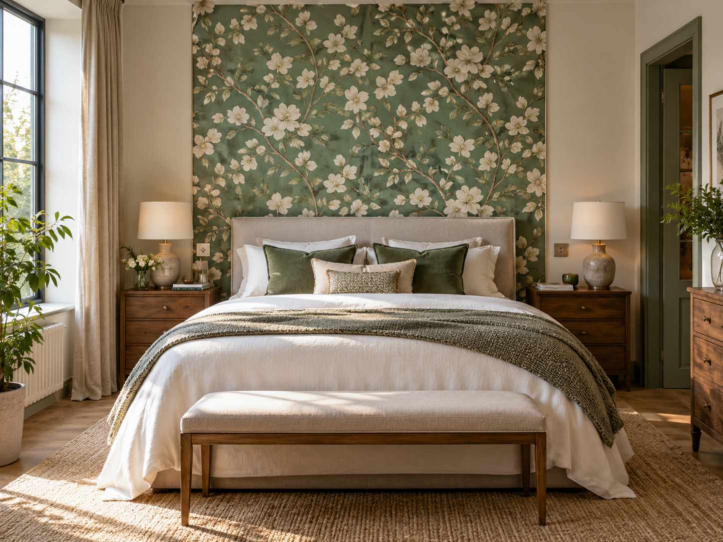 Broad floral wallpaper panel behind a headboard
