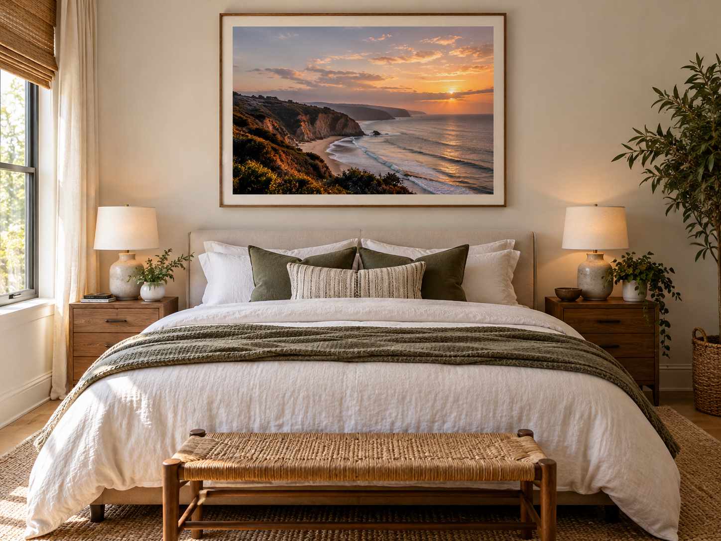 Large framed landscape photograph above a bed