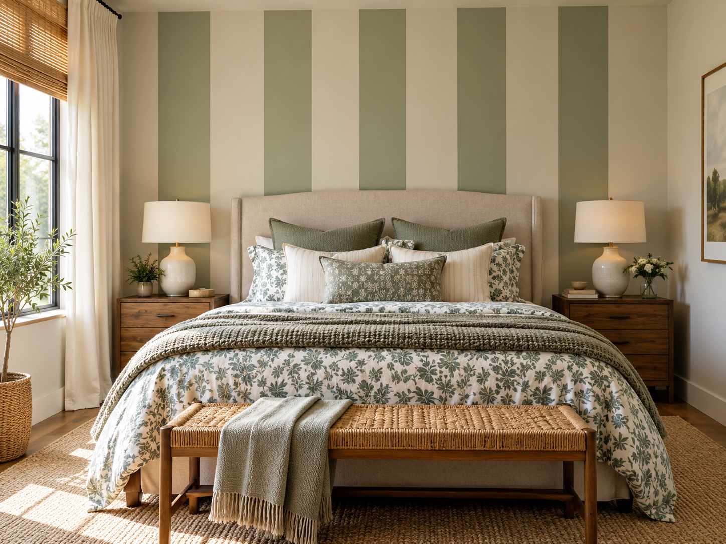Broad painted vertical stripes behind a bed