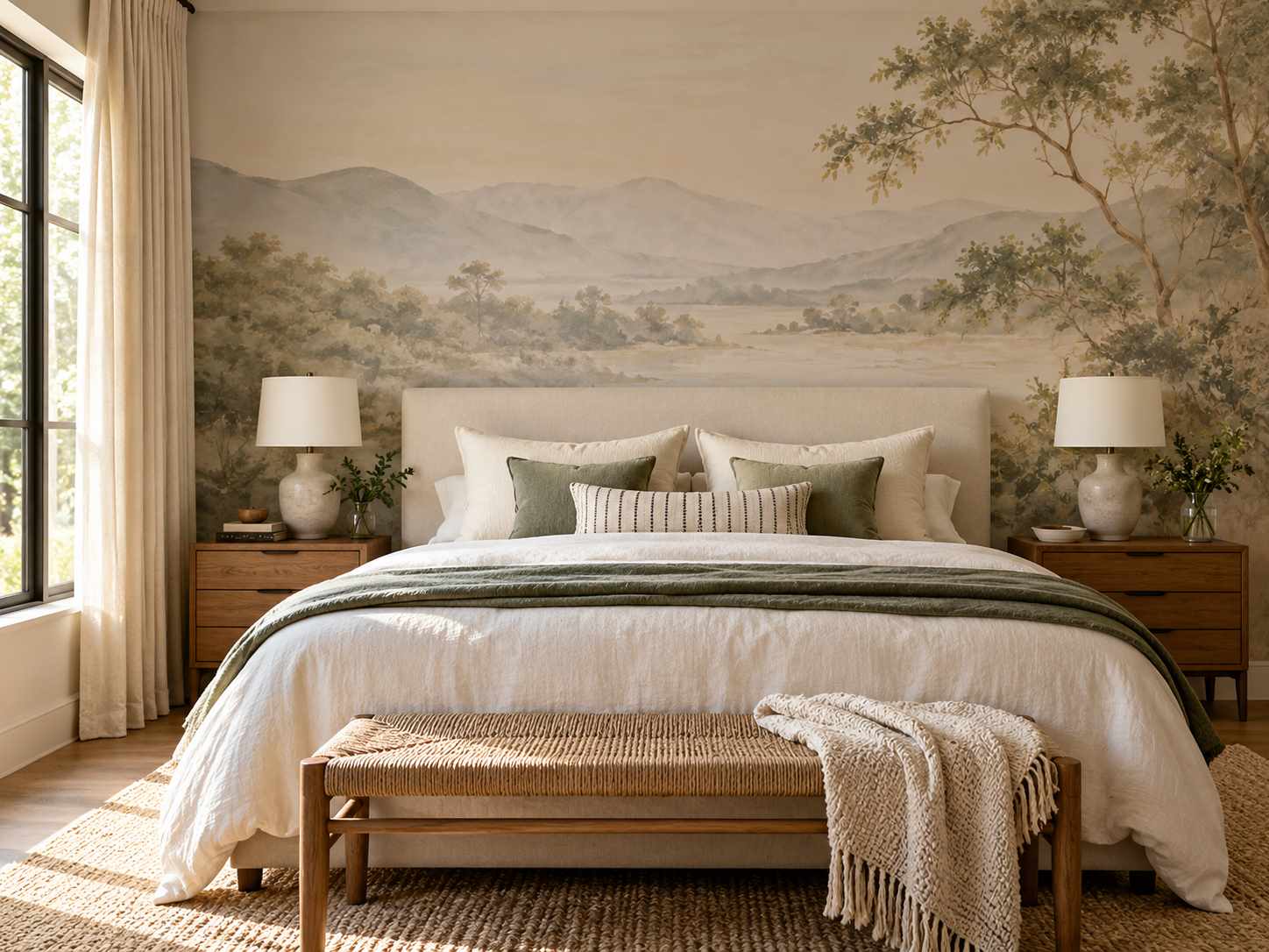 Soft tonal landscape mural behind a bed