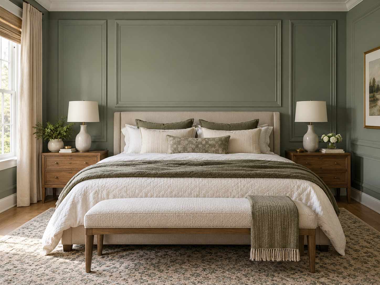 Decorative molding panels framing a bedroom wall