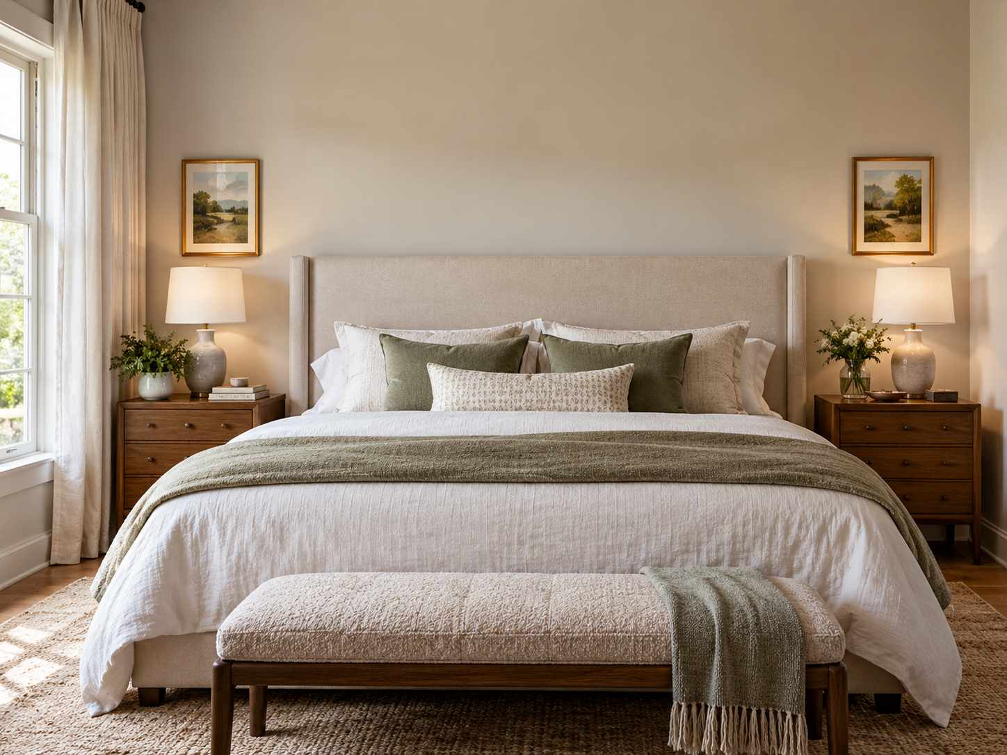 Small artworks on the side walls beside a bed