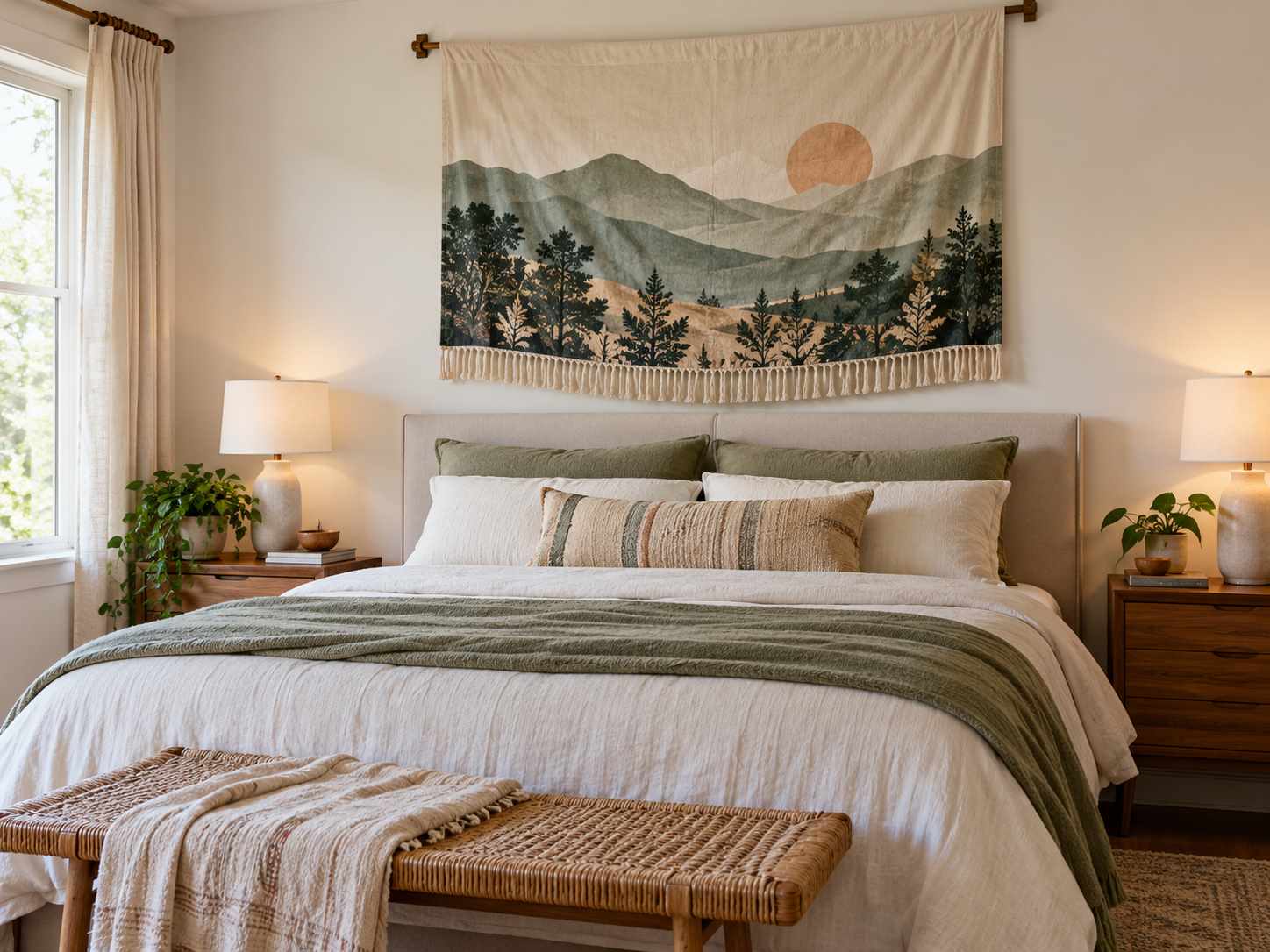 Removable fabric wall hanging over a headboard