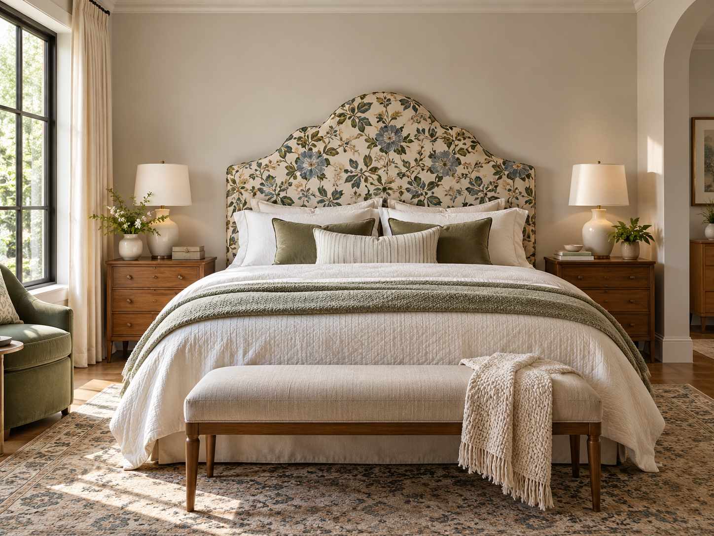 Patterned headboard serving as a bedroom focal point