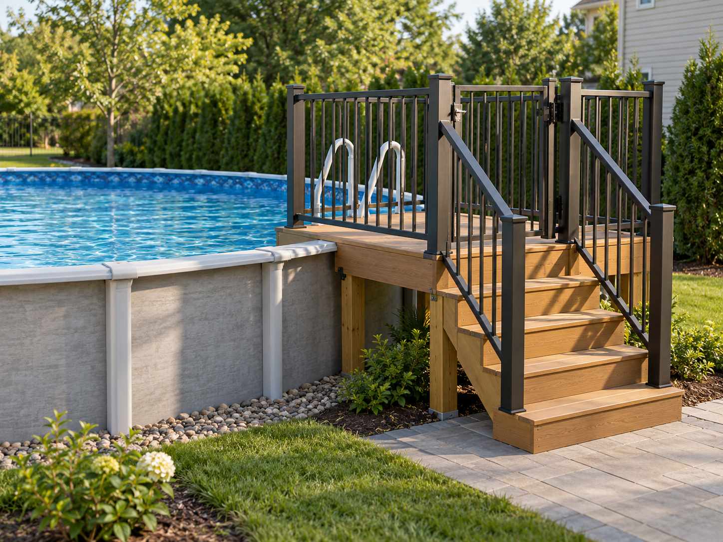 Compact pool access deck with a closed gate