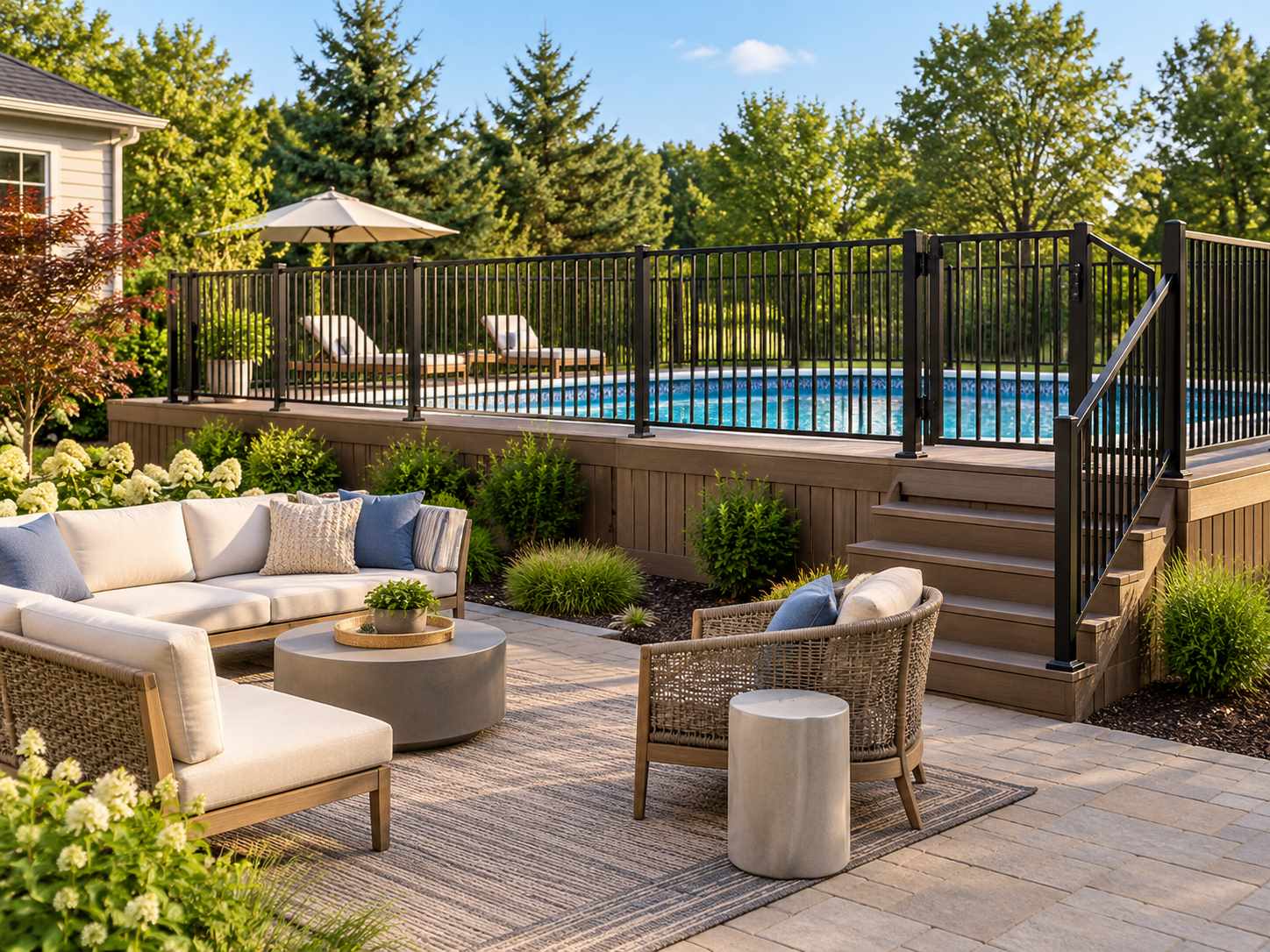 Separate ground-level lounge beside a pool area