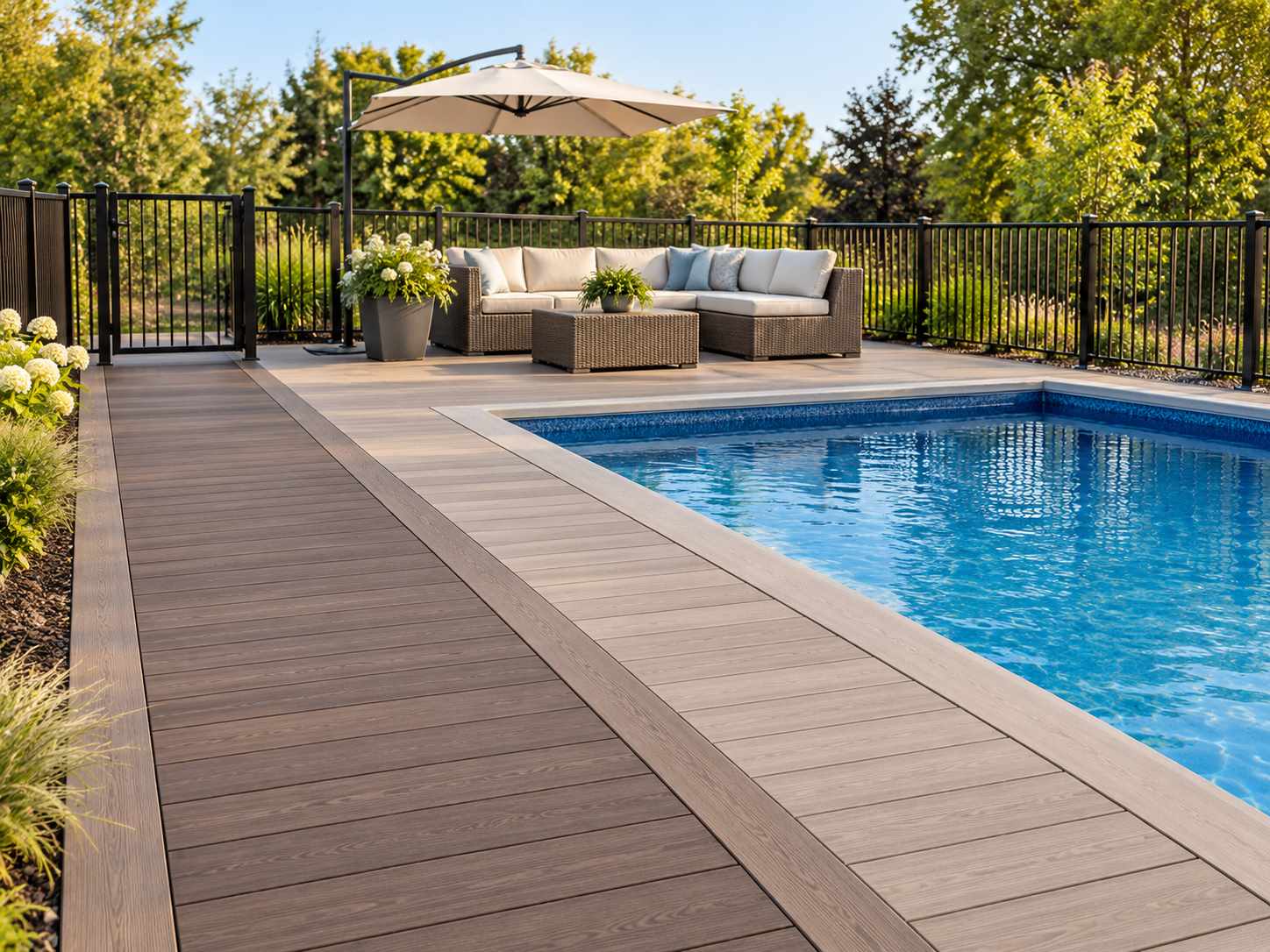 Two related decking tones beside a pool