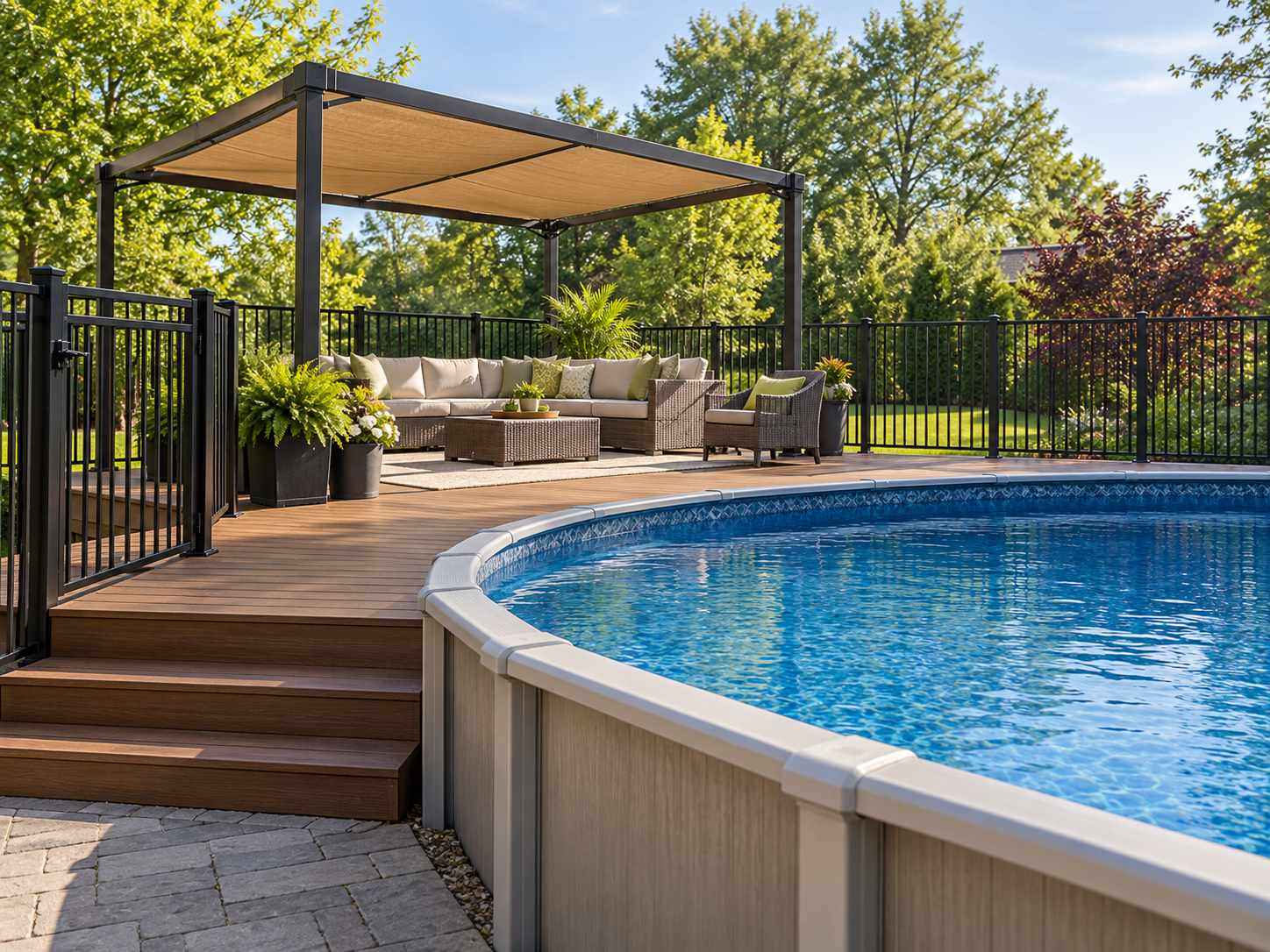 Shade structure over a poolside seating area