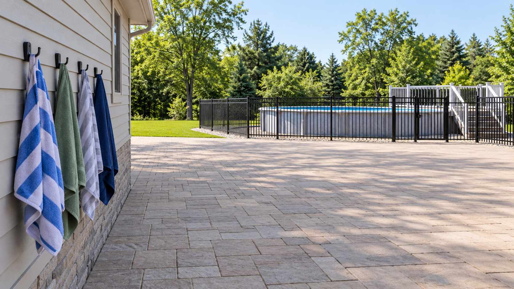 Dry towel station outside a fenced pool enclosure