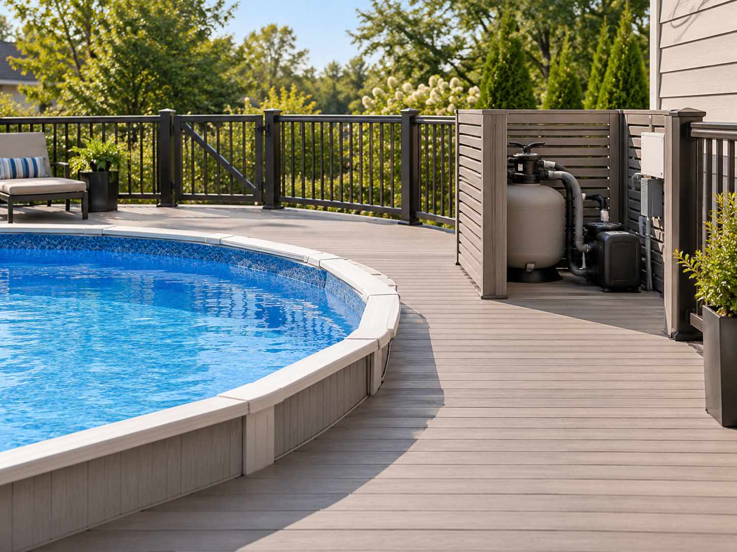 Accessible pool equipment area beside a clear service route