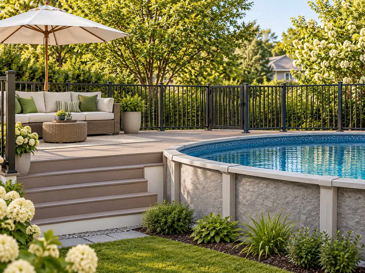 Simple neutral outdoor furniture palette beside a pool