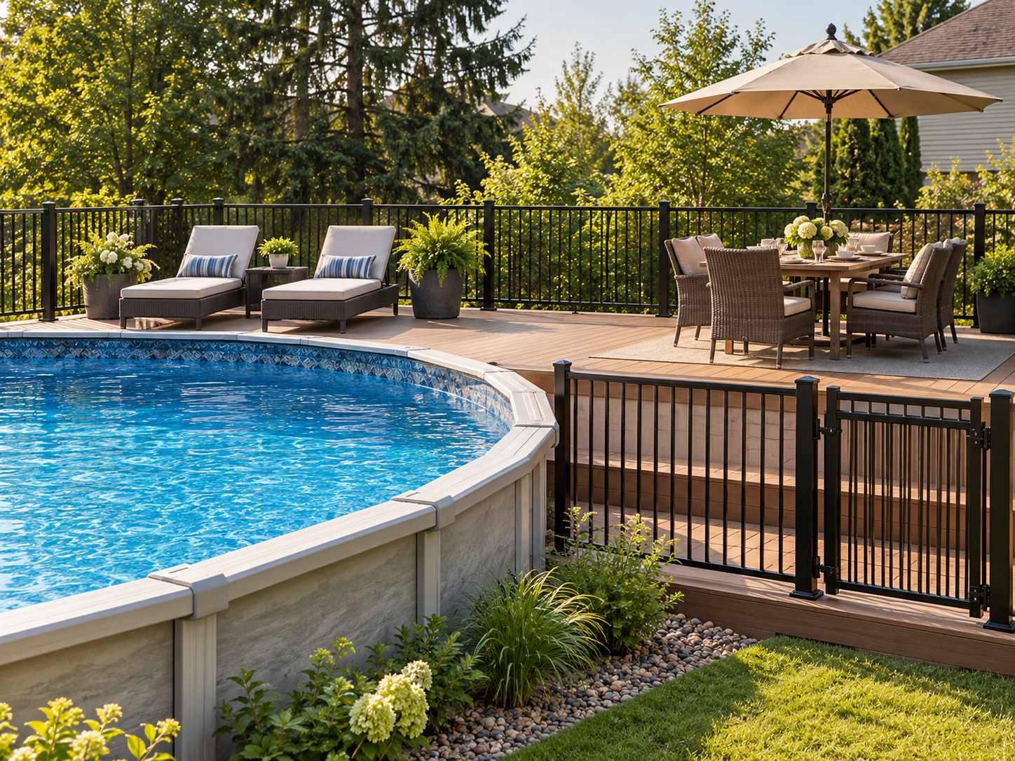 Dining table in a separate poolside garden zone