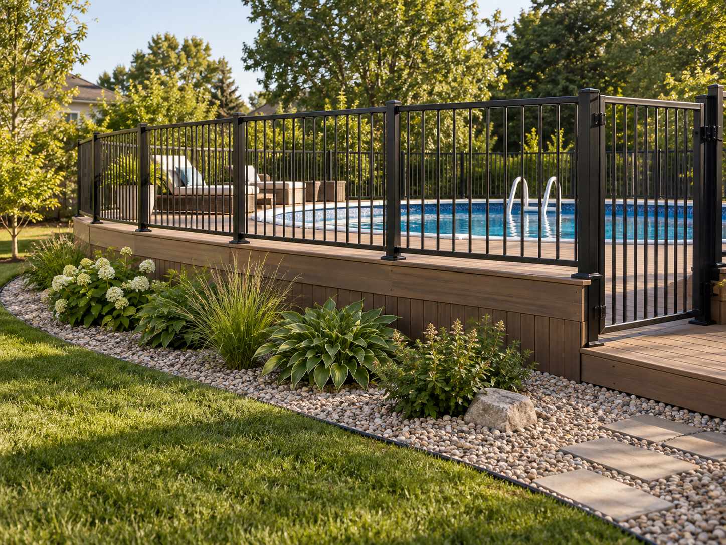Gravel border outside a raised pool deck
