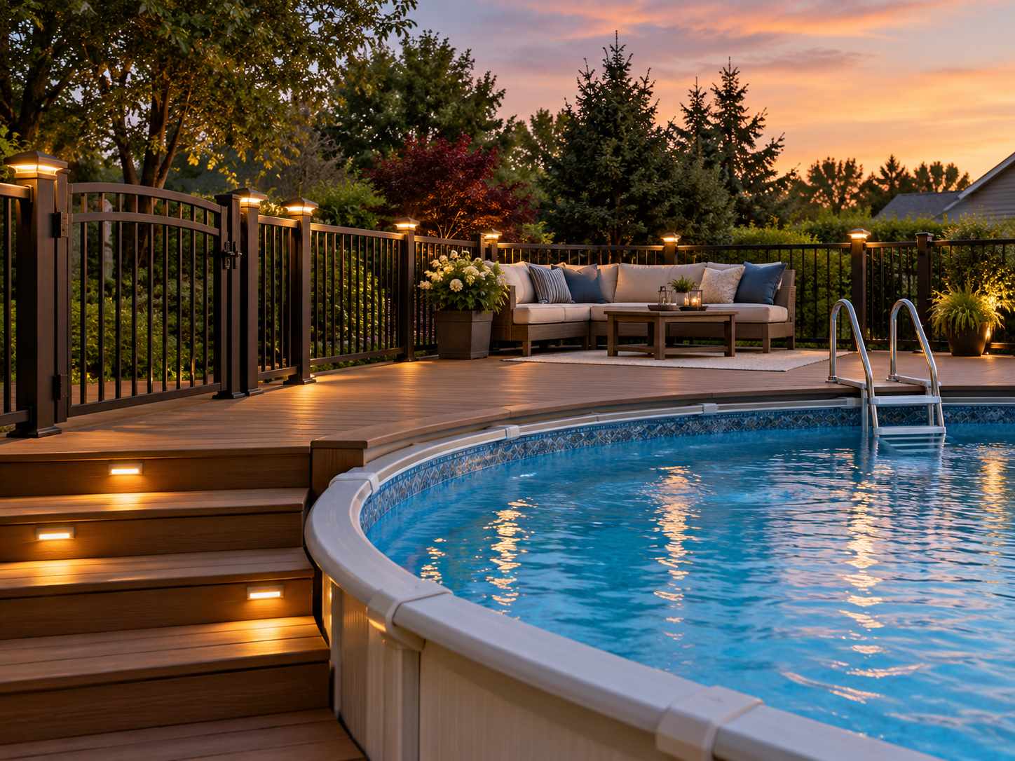 Lighting showing outdoor steps and a poolside route