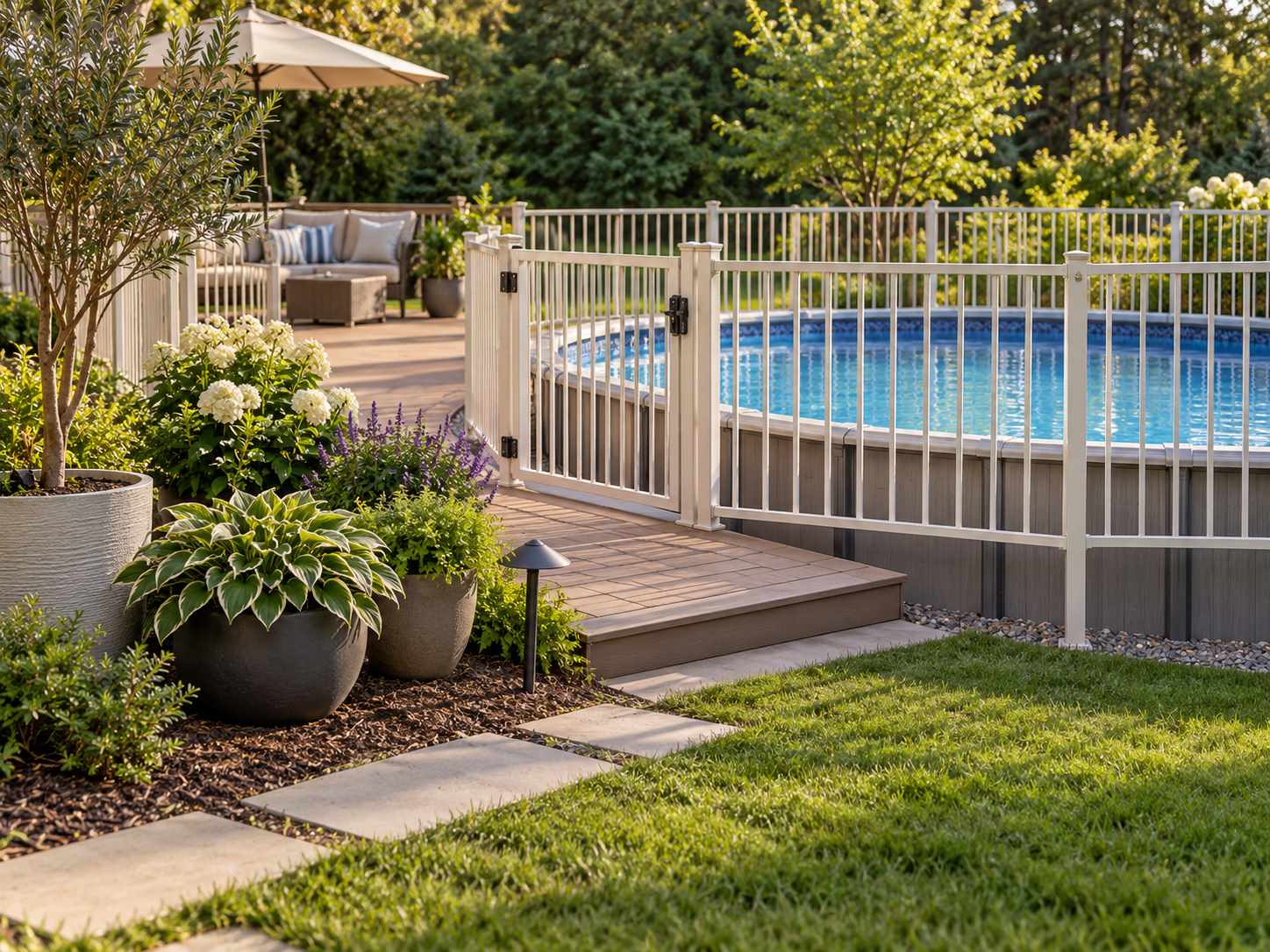 Planters grouped outside a pool barrier