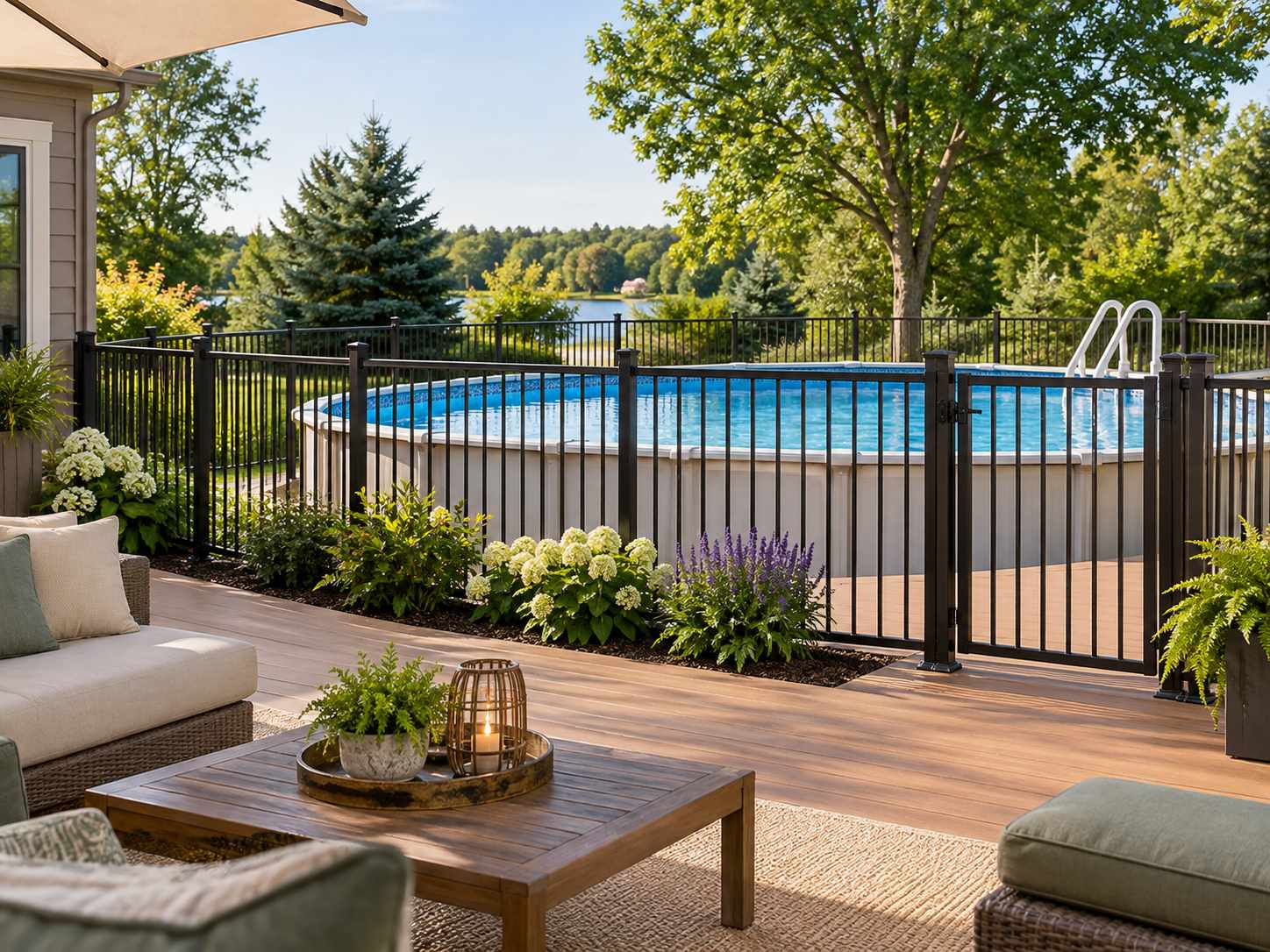 Clear view toward a fenced pool from a seating area