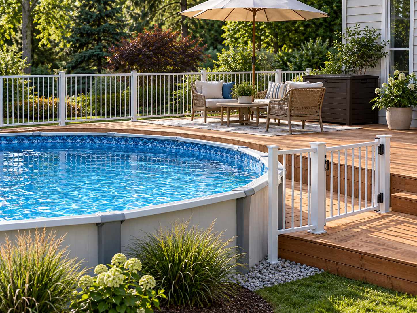 Outdoor furniture with space around the pool circulation route