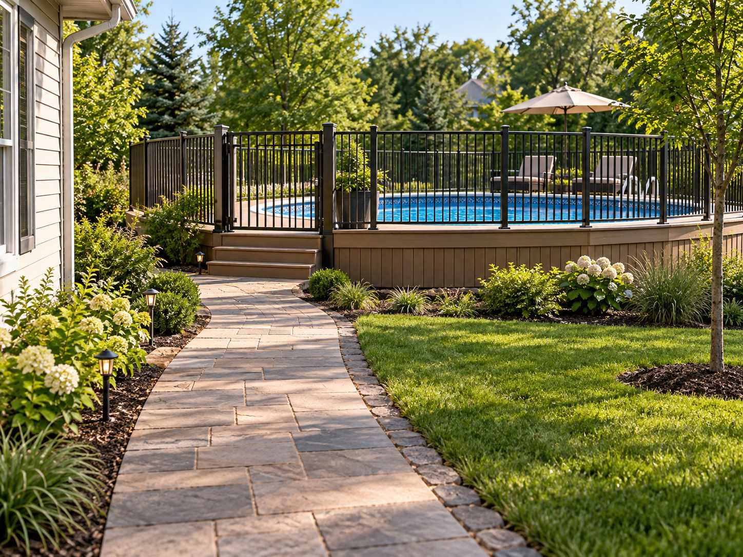 Garden path leading toward a controlled pool entrance