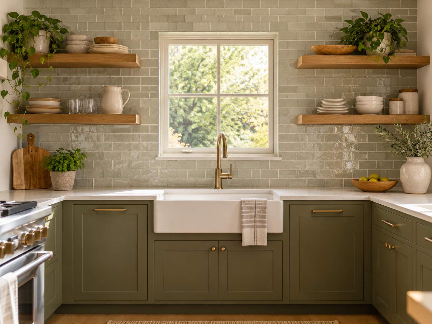 Simple tiled backsplash extended above a kitchen sink