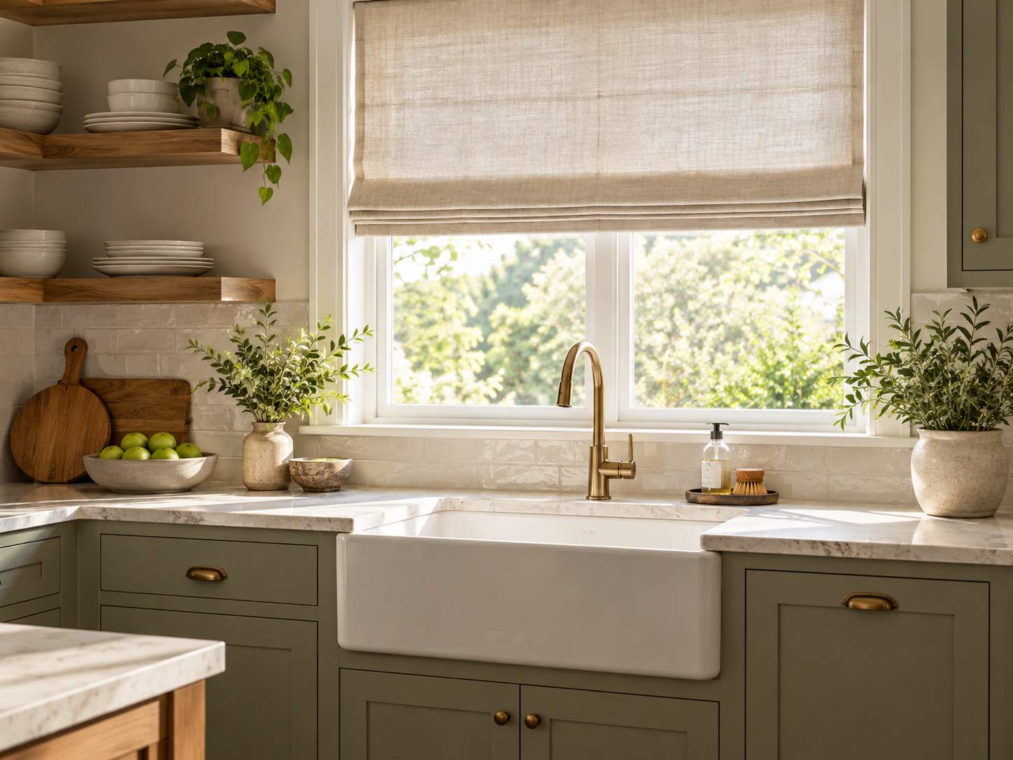 Plain Roman shade above a sink window