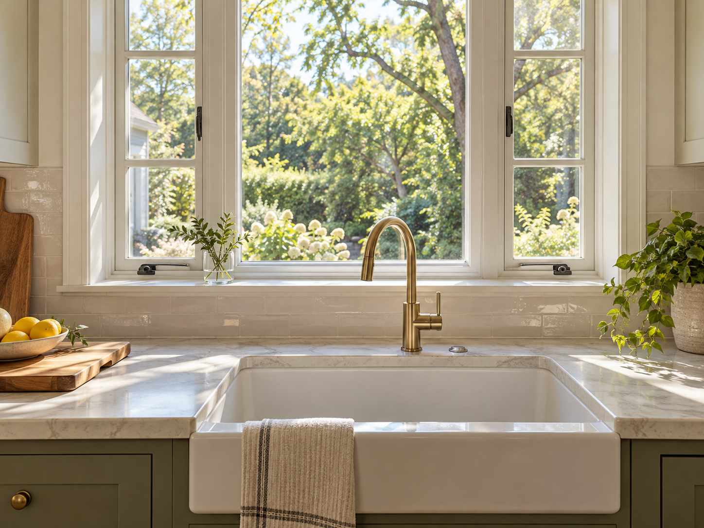 Mostly clear window ledge above a kitchen sink