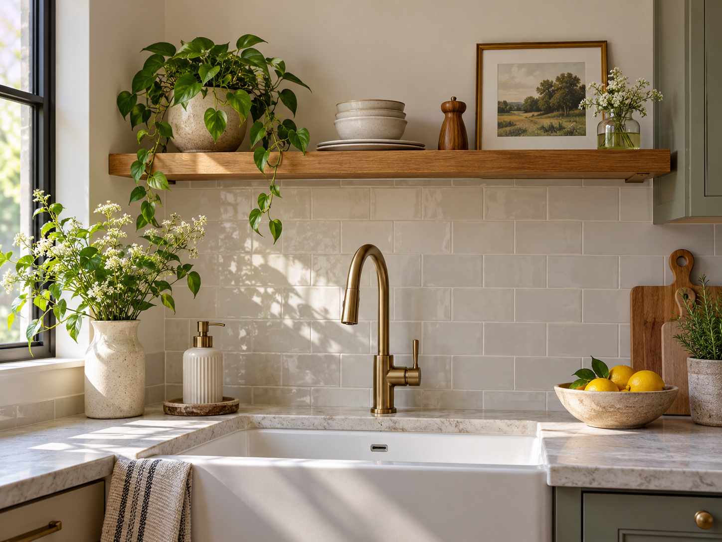 Narrow shelf in a dry area beside a kitchen sink