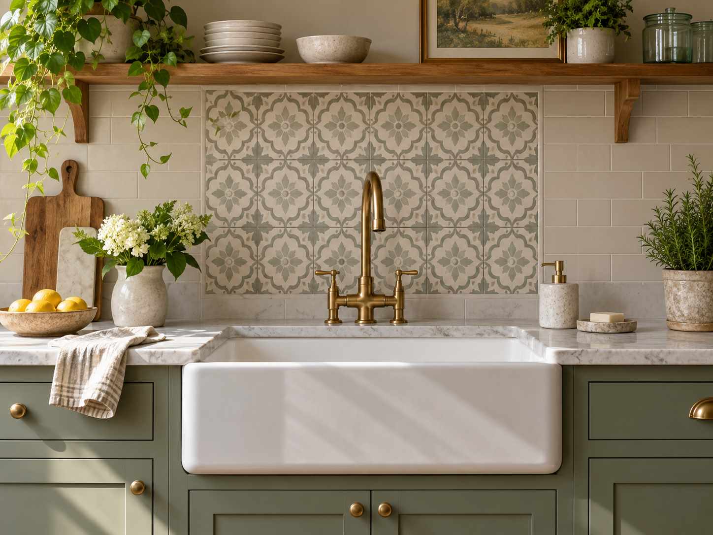 Quiet patterned tile panel behind a tap