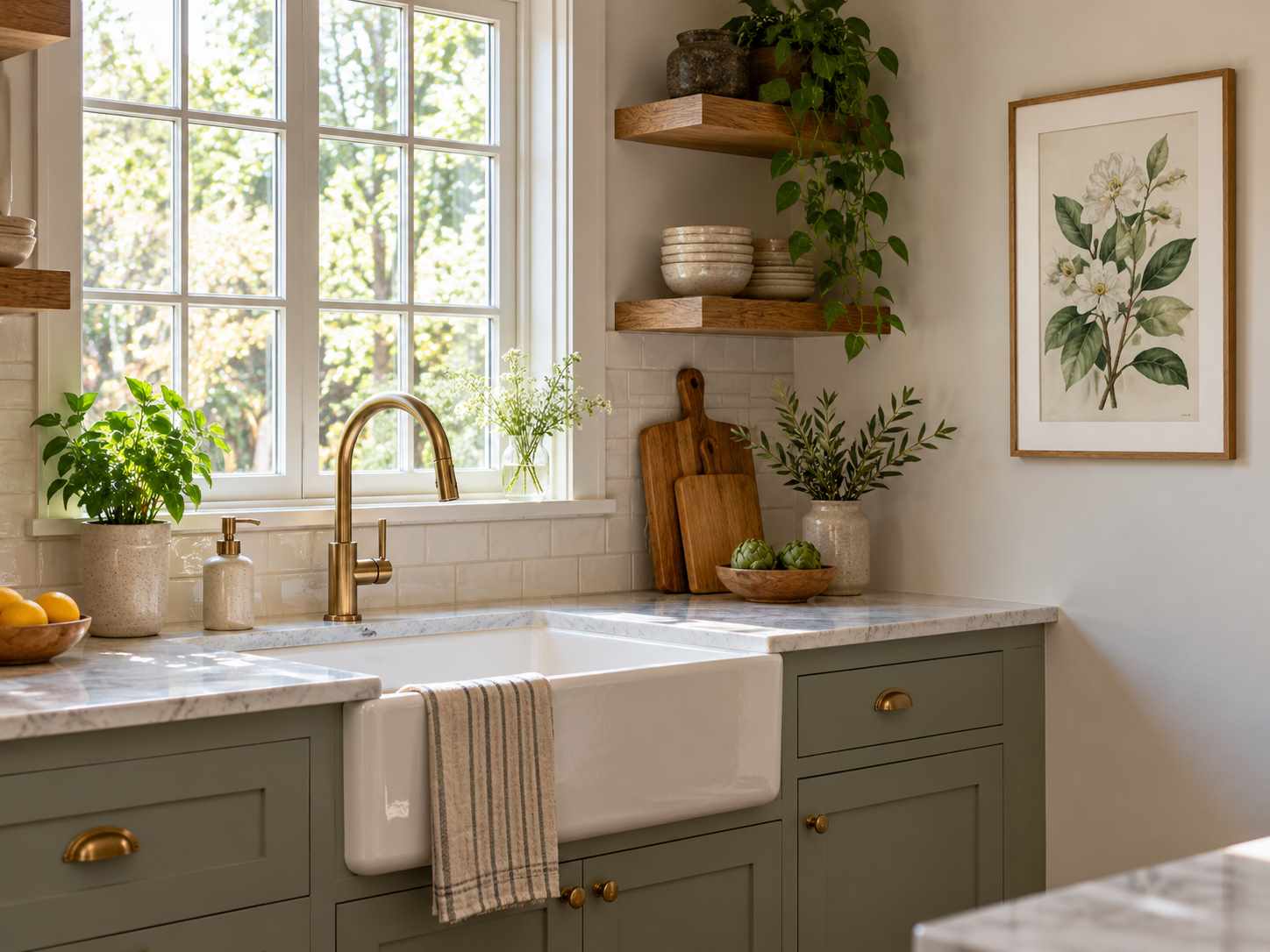 Framed botanical print on a dry wall beside a sink