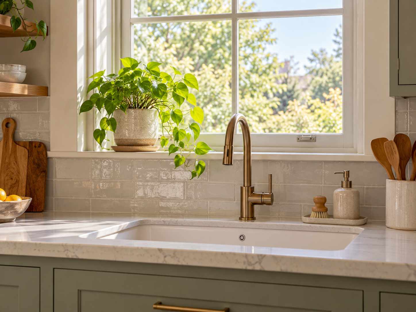 Small plant near a bright kitchen sink window