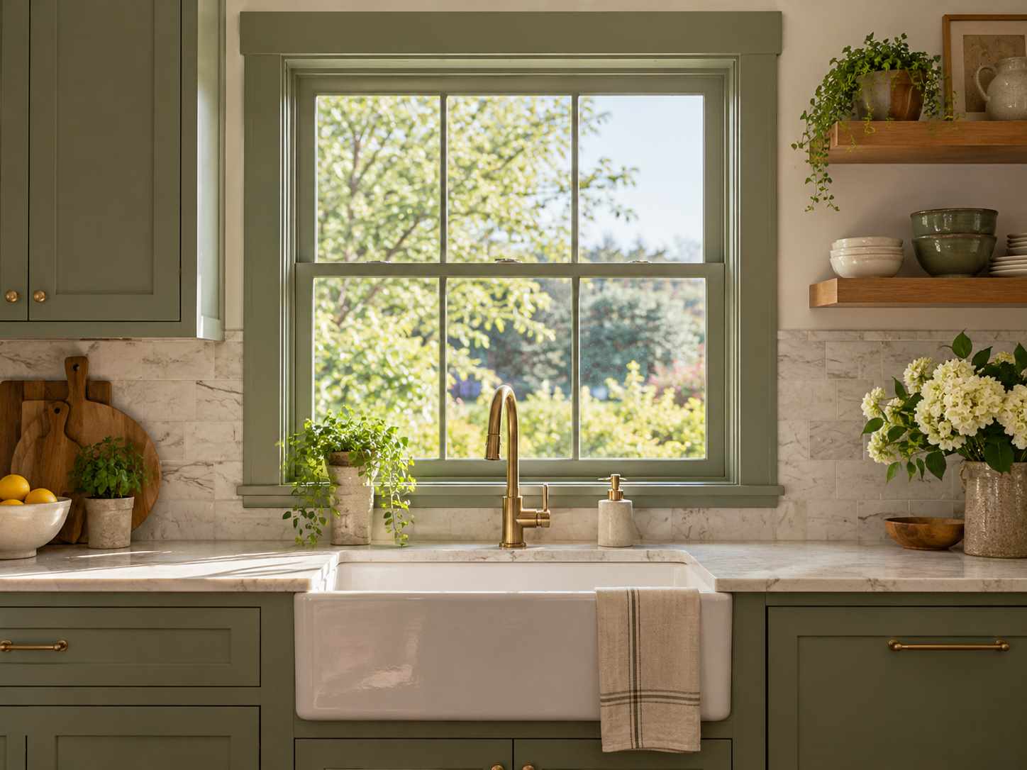 Simple painted trim around a kitchen sink window