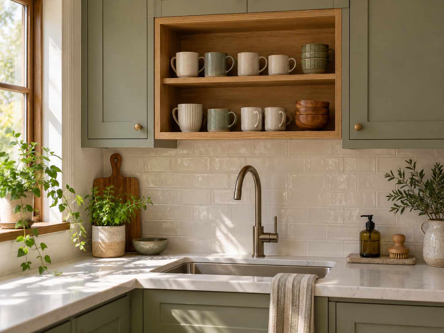 Small open cabinet holding everyday cups