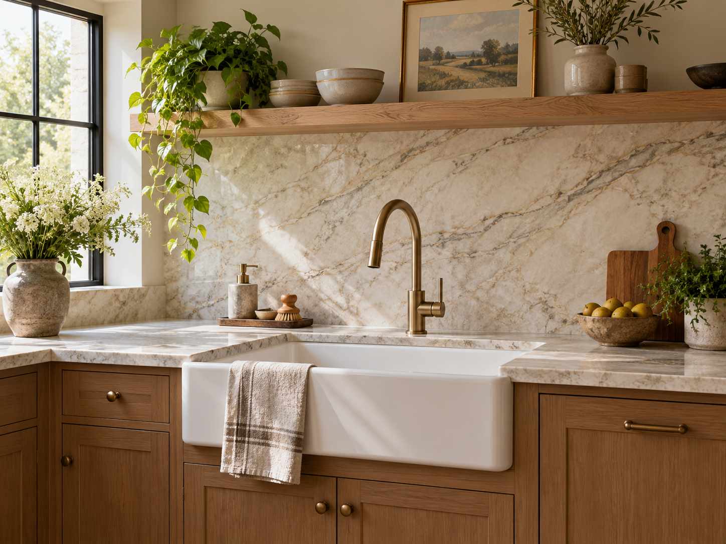 Continuous stone-look backdrop behind a sink