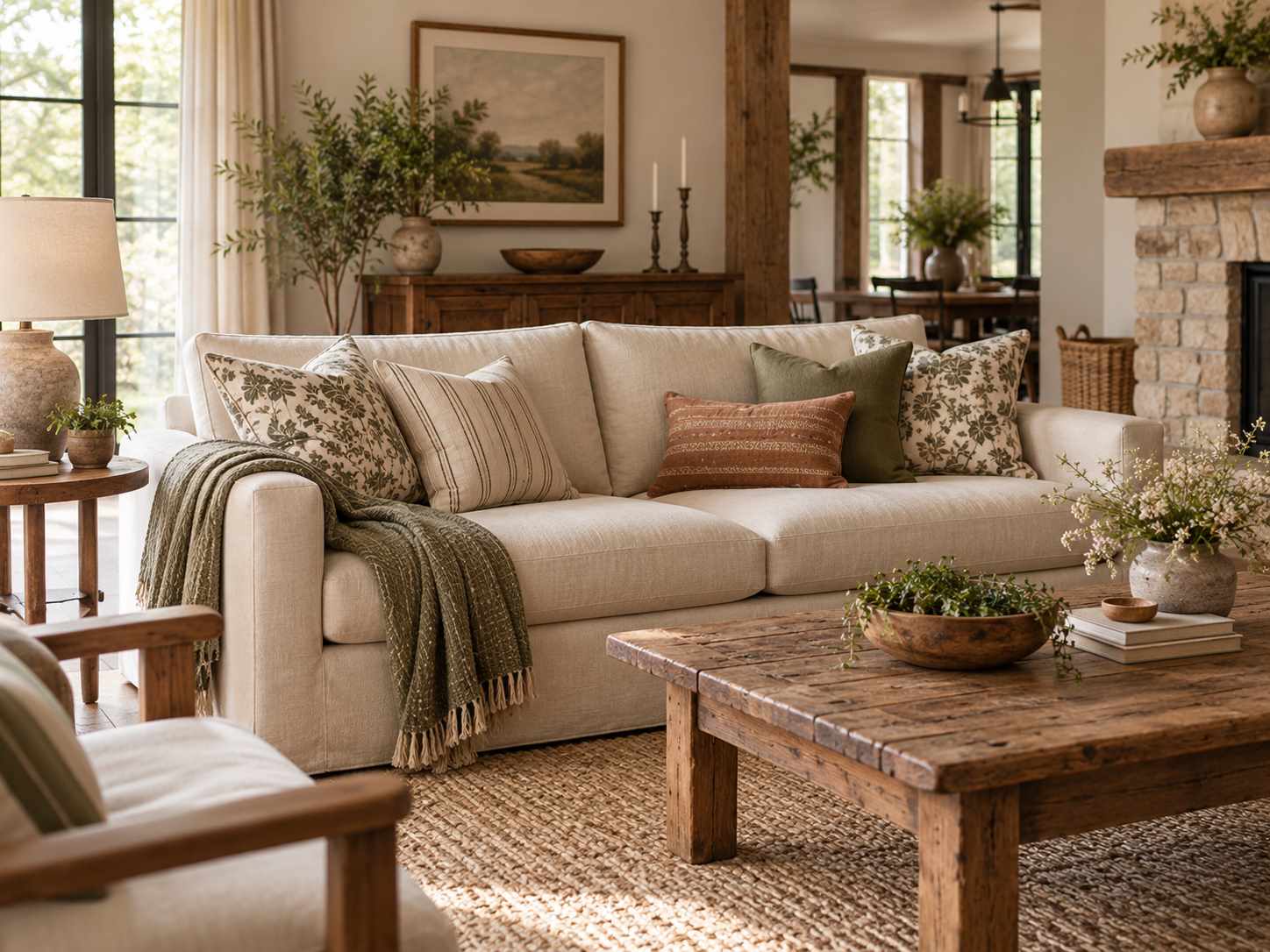 Plain linen-look sofa in a warm living room