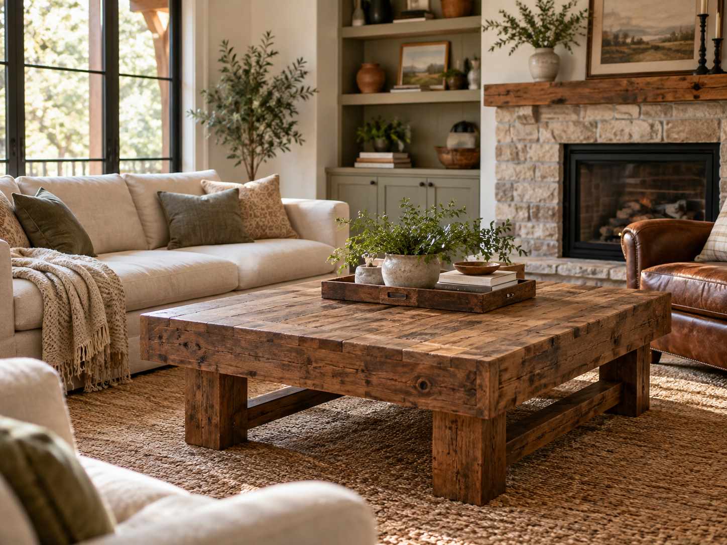 Substantial timber coffee table in a seating group