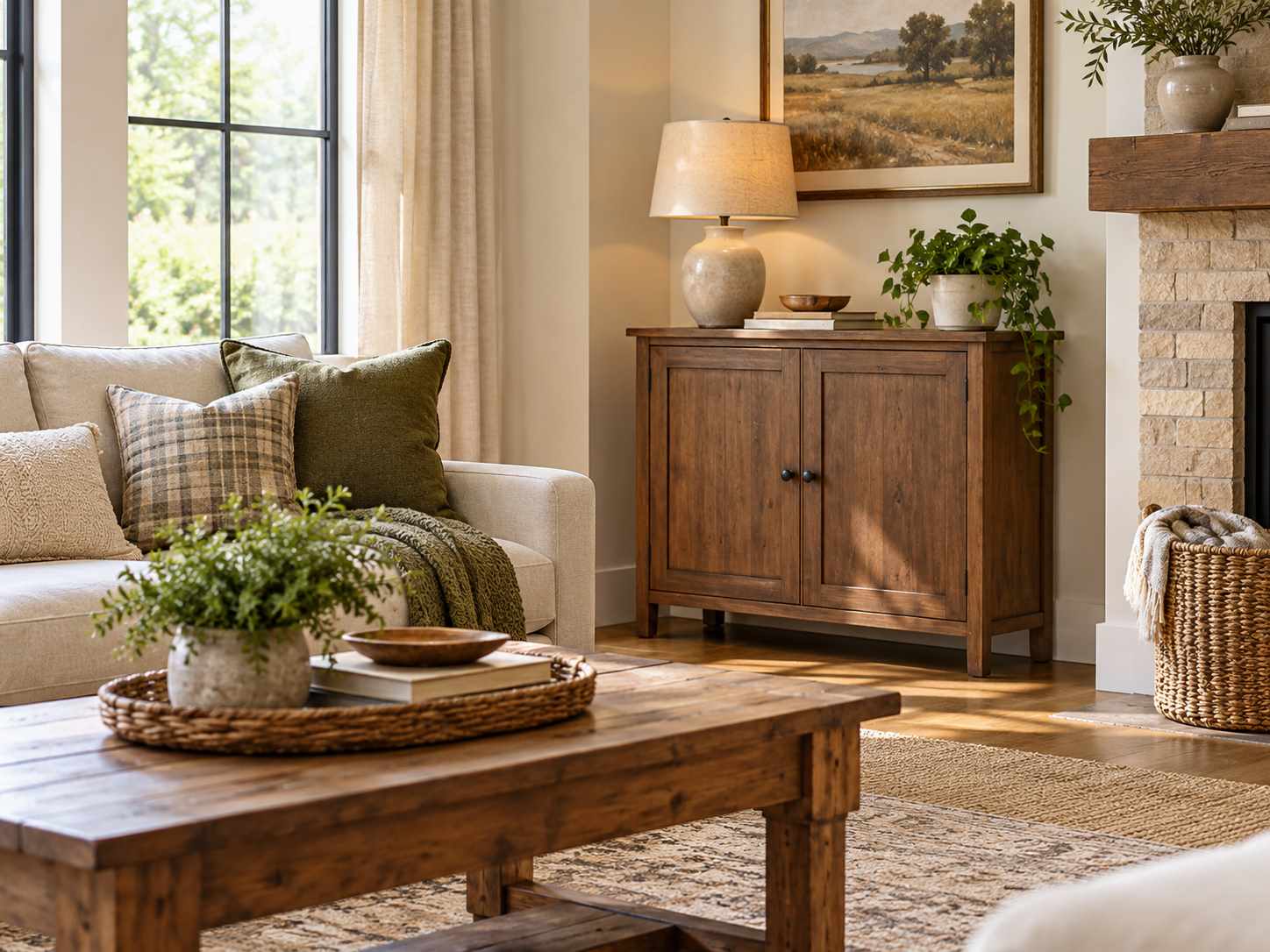 Narrow cabinet providing closed living room storage