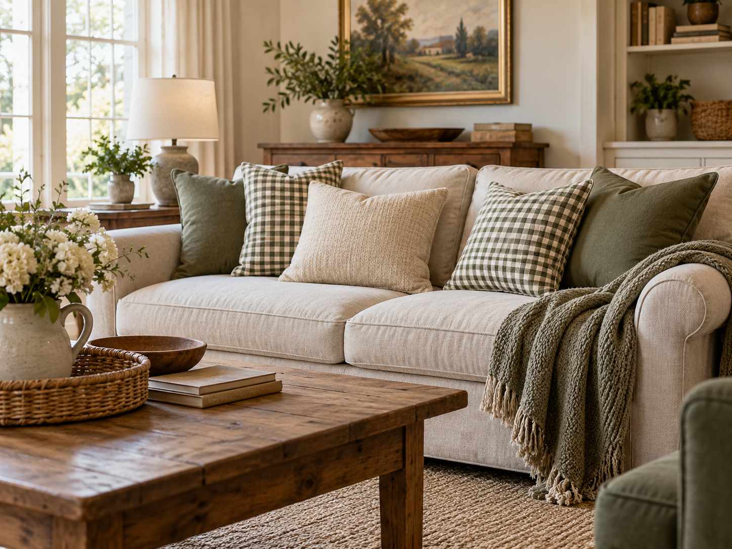 Small checked cushion with plain textured pillows