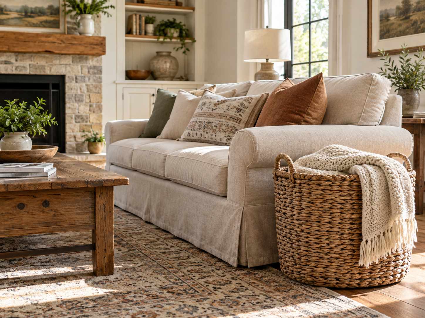 Woven basket holding a throw beside a sofa