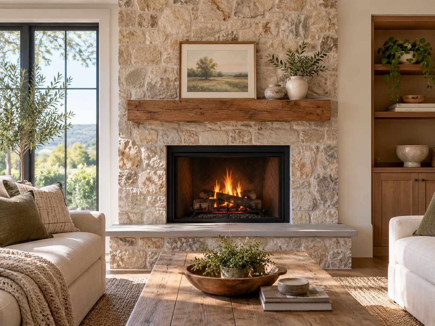 Simple low mantel display around framed art