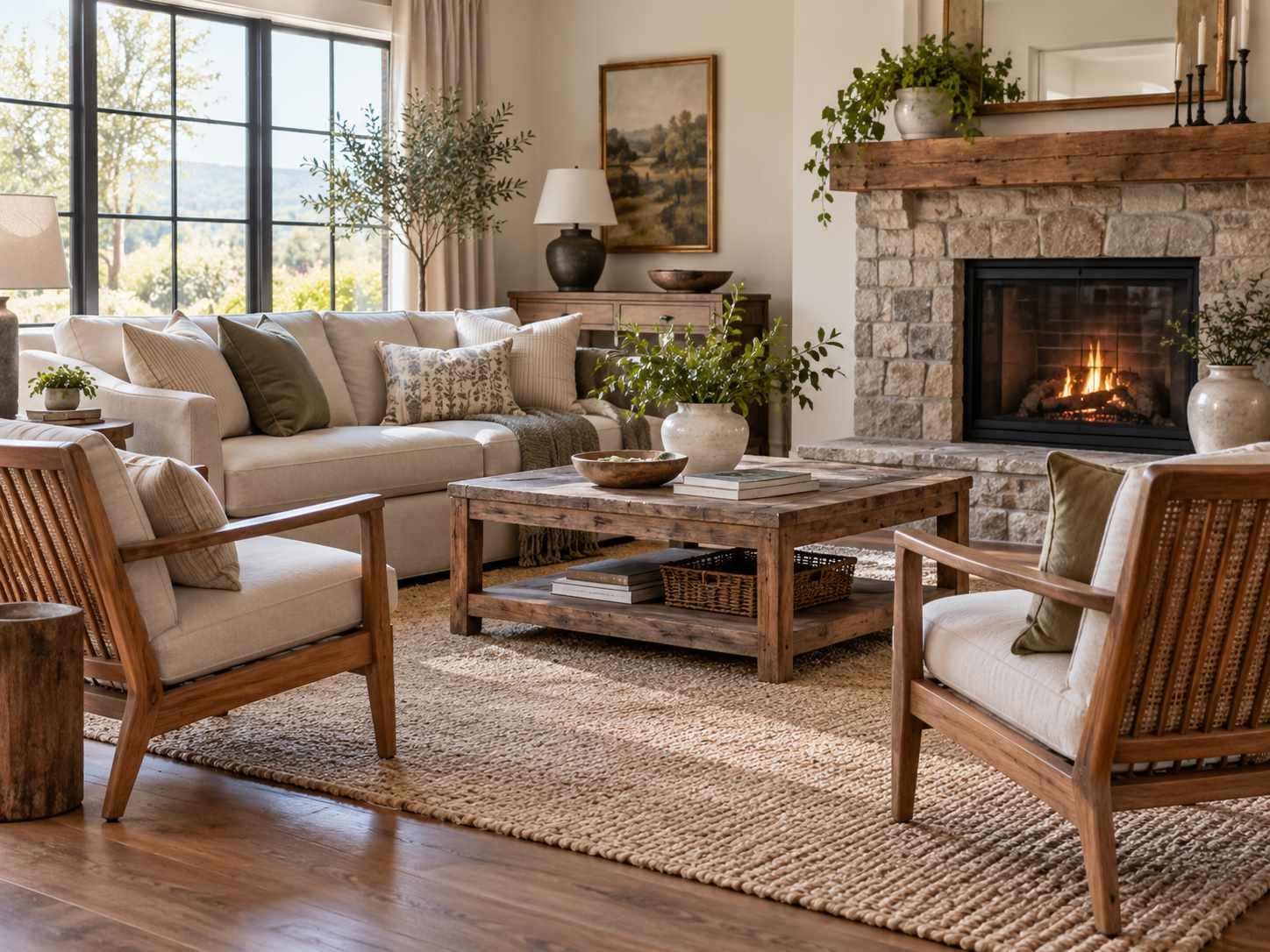 Wooden accent chairs beside upholstered living room seating