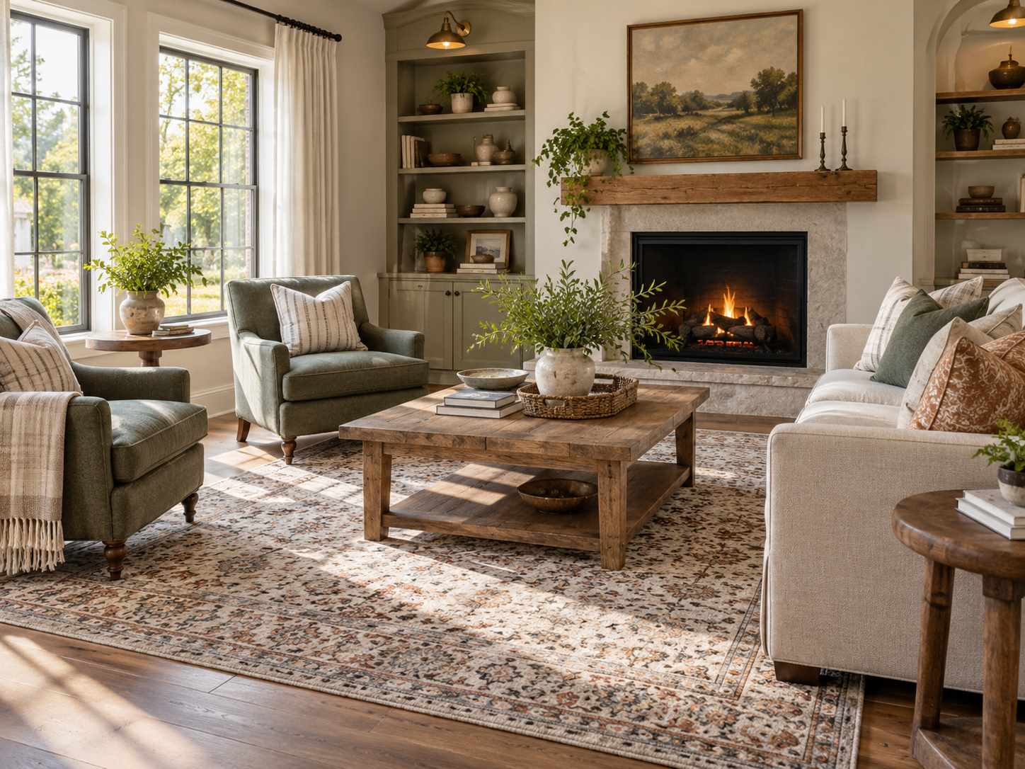 Softly patterned rug connecting a seating group