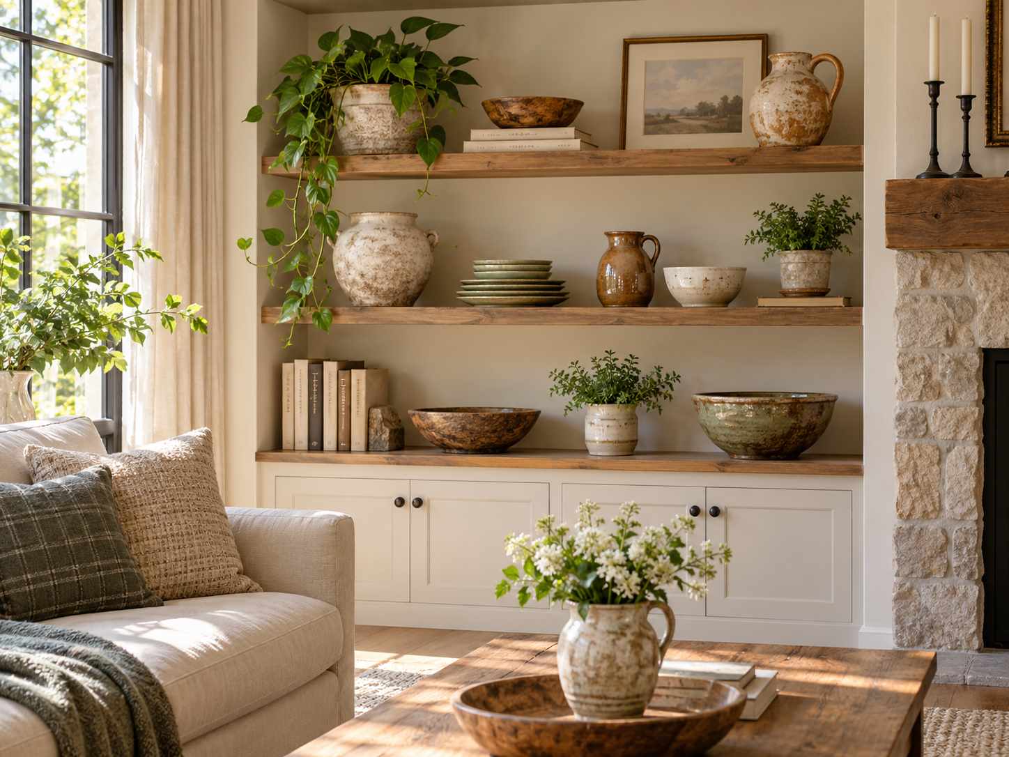 Everyday pottery grouped on one shelf