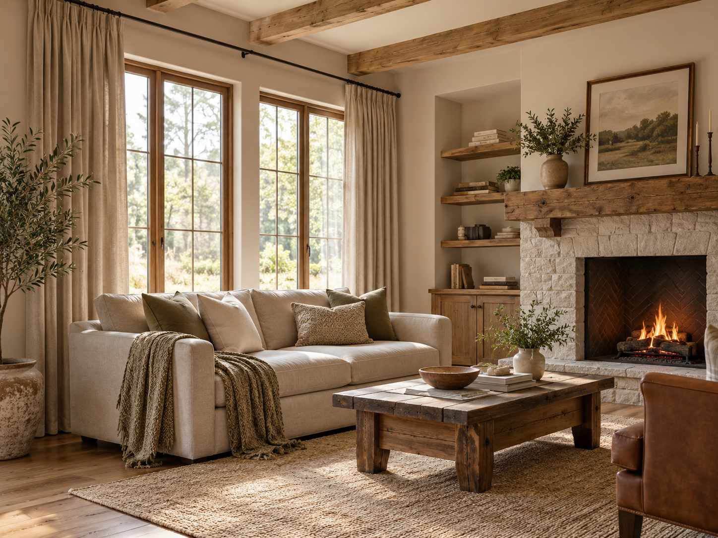 Plain full-length curtains softening living room windows