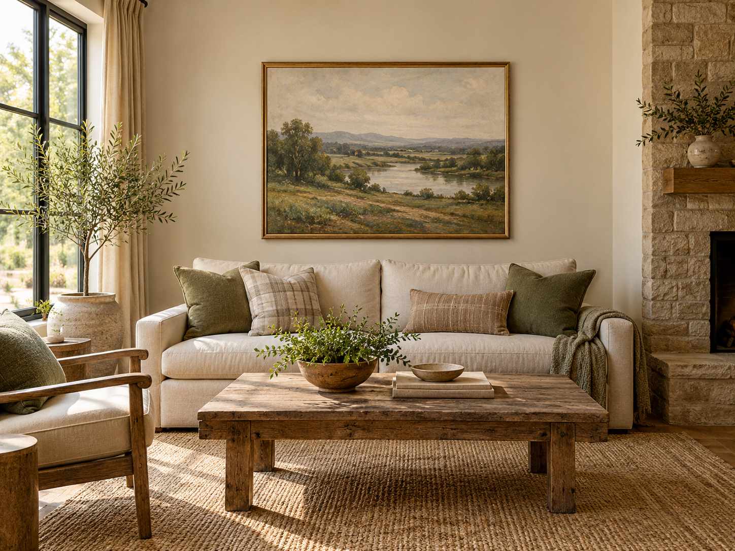 Quiet landscape artwork above a living room sofa