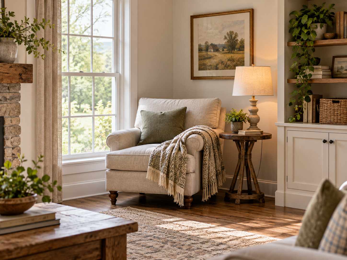 Reading chair with a lamp and a small table