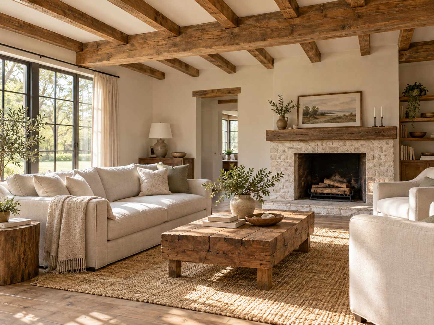 Existing ceiling beams with plain supporting furniture