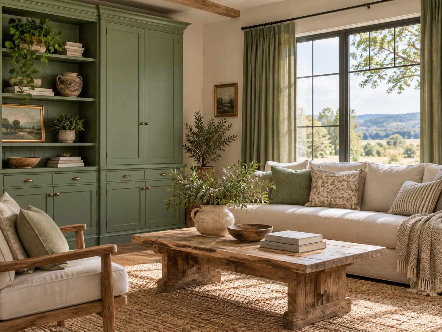 Soft green storage cabinet in a warm neutral room